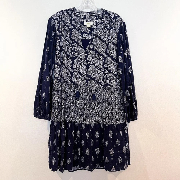 Maeve Anthropologie Navy Paisley Bohemian Floral Peasant Tunic Mini Dress XS - Picture 2 of 9